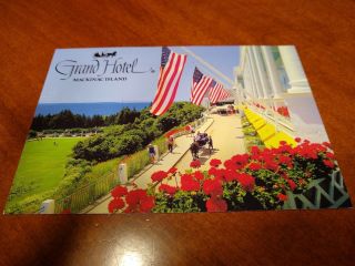 Vtg Grand Hotel Mackinac Island,  Michigan American Flags/flowers/horses Postcard