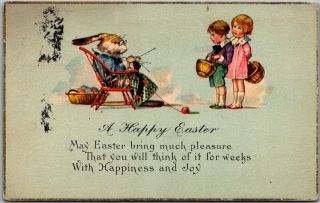 Vintage 1925 Easter Greetings Postcard Dressed Rabbit In Rocking Chair,  Knitting