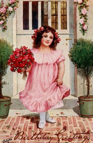 Vintage Tuck Art Birthday Greeting Postcard: Little Girl In Pink Dress 1907
