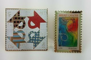Set Of 2 Usps Stamp Lapel Pins,  Breast Cancer & American Folk Art Quilts 13 Cent
