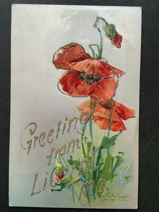 Vintage Silver Postcard,  Greetings From Liberal Mo,  C.  Klein Artist,  C1910