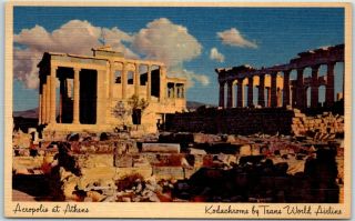 Vintage Twa Trans World Airlines Adv.  Postcard Greece " Acropolis At Athens "