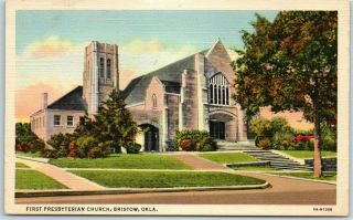 Vintage Bristow,  Oklahoma Postcard First Presbyterian Church Linen C1940s