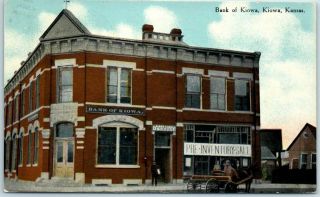 Vintage Kiowa,  Kansas Postcard " Bank Of Kiowa " Downtown Street Scene 1913 Cancel
