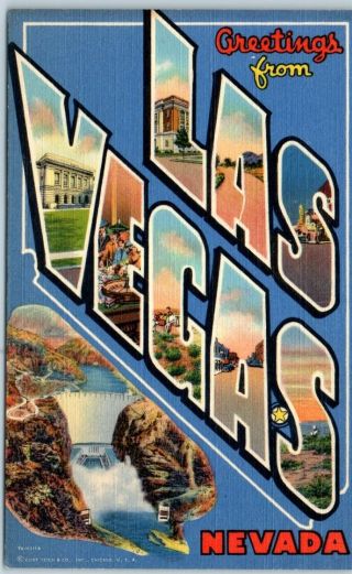 Vintage Las Vegas Nevada Large Letter Postcard W/ Hoover Dam Linen Dated " 1943 "