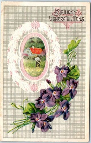Vintage Birthday Congratulations Embossed Postcard Purple Flowers C1910s