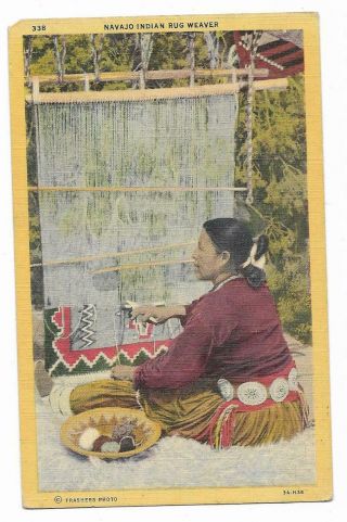 Vintage Native Americana Linen Postcard Navajo Indian Rug Weaver