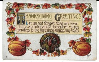 Thanksgiving Greetings,  Embossed Turkey & Pumpkins,  Vintage Thanksgiving Postcard