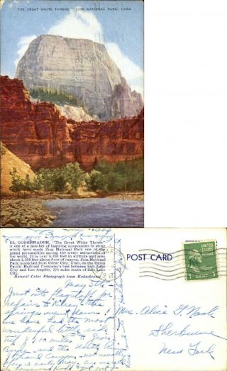 Great White Throne Zion National Park Utah Ut Mailed 1917 Vintage Postcard