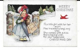 Cute Little Girl With Big Purse And Her Cat,  Vintage Christmas Postcard 1921