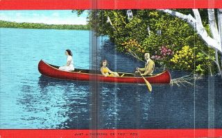 Vintage Linen Postcard - Just A - Thinking Of You Family In A Canoe