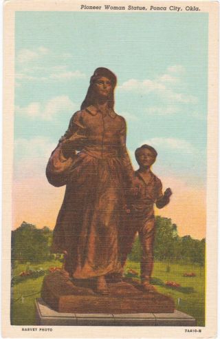 Ponca City,  Ok Pioneer Woman Statue Postcard Old Vintage Card View Post Linen
