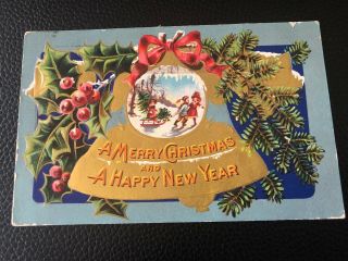 Vintage Embossed Holiday Postcard - - A Merry Christmas Happy Year Bell Series