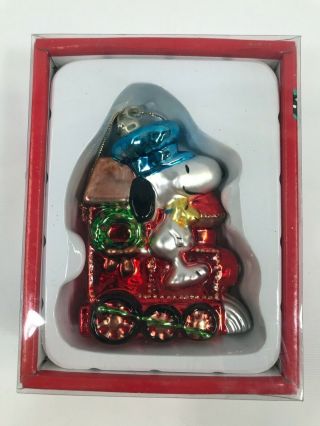 Vintage Kurt Adler Peanuts " Snoopy On Train " Glass Christmas Ornament Box