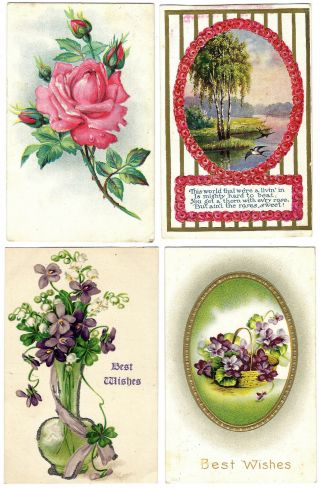 8 Vintage Greeting Post Cards With Red Roses,  Vase & Basket Of Violets,  Poppies
