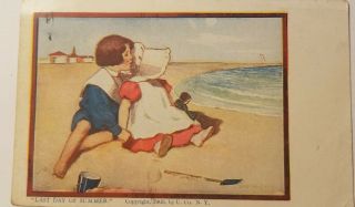 Vintage 1905 Postcard Sunbonnet Girl " Last Day Of Summer " - At The Beach - Ullman