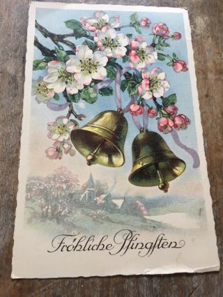 Vintage German Easter Postcard Apple Blossoms Flowers Bells
