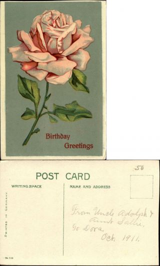 Birthday Vintage Postcard Large Pink Rose 1911 From Uncle Adolph & Aunt Sallie