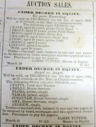 1860 Charleston South Carolina Newspaper W Slaves Ads - Slaves Are Named