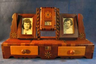 Perpetual Calendar Antique Art Deco Wood Marquetry 1920`s Desk Or Dresser Set