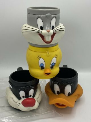 Vtg 1992 Looney Tunes Bugs Bunny Tweety Sylvester Daffy Duck 3d Face Mugs