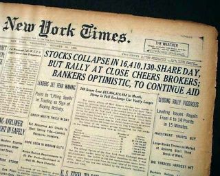 Best 1929 Stock Market Crash Wall Street Nyc Panic Black Tuesday Old Newspaper