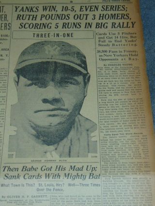 OCT.  7,  1926 ALBANY NY NEWSPAPER: YANKEES BABE RUTH WORLD SERIES RECORD 3 HR ' S 3