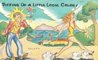 Vintage 1930 - 45 Comic " Picking Up A Little Local Color " Linen Pc 1030