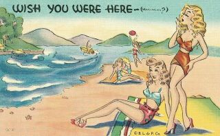 Vintage 1930 - 45 Comic " Wish You Were Here " Linen Pc 1030