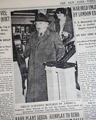 Albert Einstein America Arrival Escape Pre World War Ii Germany 1933 Newspaper