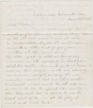 1863 Civil War Soldier Letter Falmouth Va 2nd Us Sharpshooters Mortally Wounded