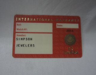 Open Red Omega International Certificate Card Watch Jeweler Name & Code