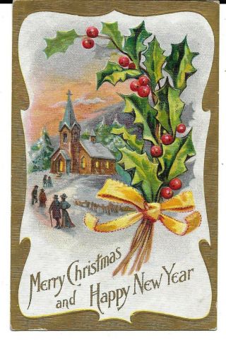 Vintage Merry Christmas And Happy Year Postcard 1910 People Going To Church