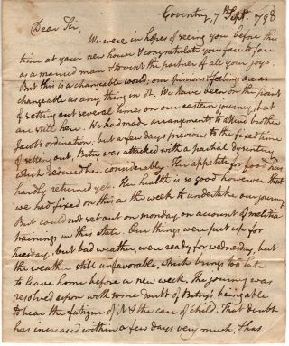 1798,  Coventry,  Ct; Rev.  Abiel Abbott,  Letter Re: Boston People Fleeing Plague