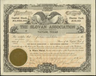 1913 The Slovan Association Stock Certificate – Taylor,  Texas