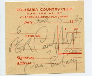 Columbia Country Club Bowling Alley Reseipt To Canada Consul In Shanghai China