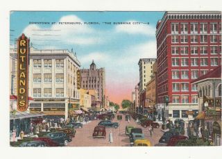 Downtown St Petersburg Florida Sunshine City Autos Vintage Postcard 1941