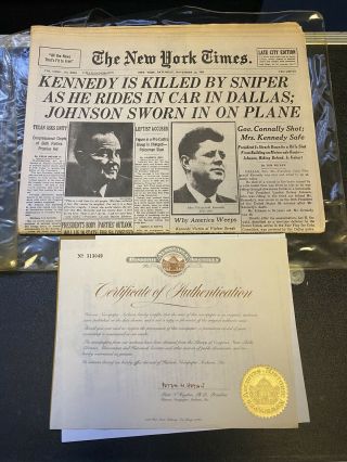 Full York Times November 23,  1963 Kennedy Assassination Killed W/ Cert.  Auth.
