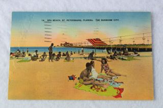 Spa Beach St.  Petersburg,  Florida Sunshine City 1940s Vintage Antique Postcard