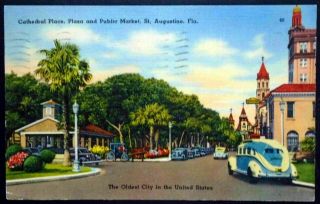 1940s Cathedral Place,  Plaza,  And Public Market,  Vintage Auto,  St.  Augustine,  Fl