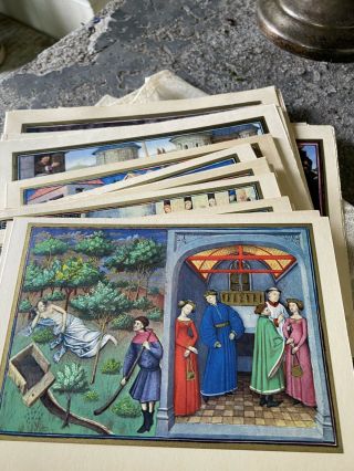 French Illuminated Book Of Hours Color Lithograph Paper Stationary Cards 33 Vtg