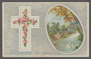 All Easter Joy Be Yours Christian Cross Egg Scene 1910 Vintage Postcard - T247