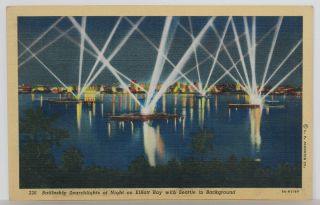 Vintage Linen Postcard Battleship Searchlights At Night On Elliott Bay,  Seattle