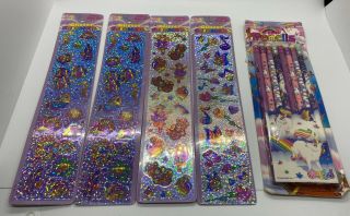 Vtg Lisa Frank Glitter Stickers Strips & Pencils.  Nos