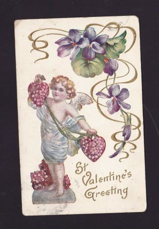 Old Vintage 1909 Postcard Of St Valentine Greeting With Flowers Cherub Etc