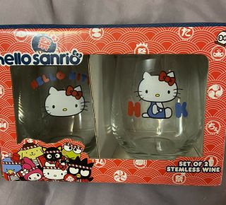 Set Of 2 Sanrio Hello Kitty Stemless Glass Wine Drinking Glasses World Marke