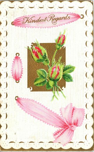 Pink Bow,  Ribbon,  Roses,  Pink Flowers,  Arts And Crafts,  Vintage - Postcard (b19)