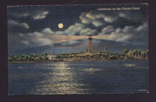 Old Vintage 1943 Linen Postcard Of Moonlight Lighthouse On The Florida Fl Coast