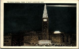 Union Terminal Tower At Night Cleveland Oh Vintage Postcard Rr1