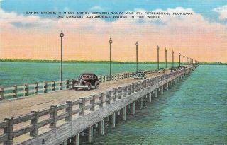 Vintage Florida Linen Postcard Tampa St Petersburg Gandy Bridge Automobile Cars